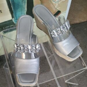Karl Lagerfeld Paris Silver Wedge Sandals with Crystal Accents